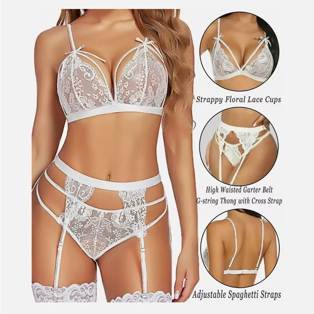 Women Sexy Lingerie Set Lace Teddy Strap Babydoll Bodysuit with Garter Belts